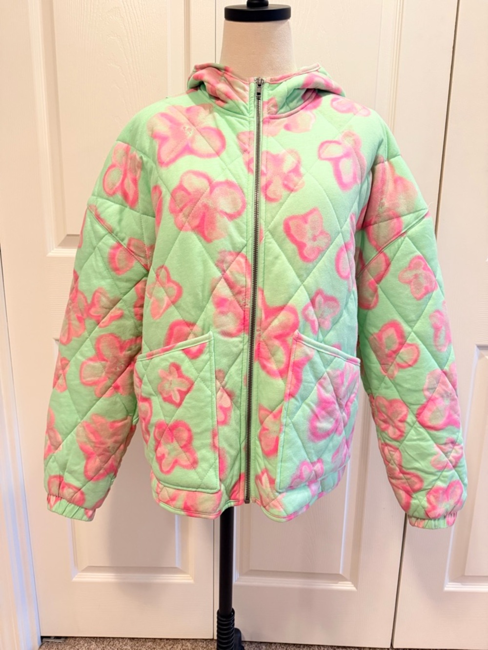wild fable Quilted Hooded Jacket in Mint Green with Pink Floral